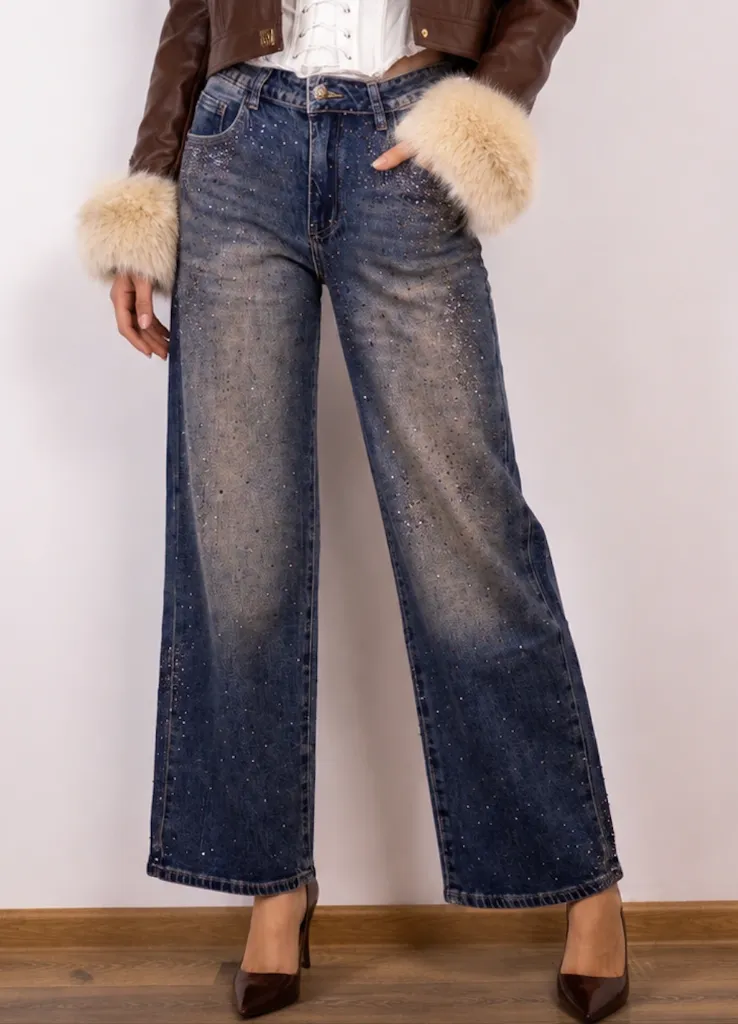 Blugi Wide-Leg Crystal Glam
