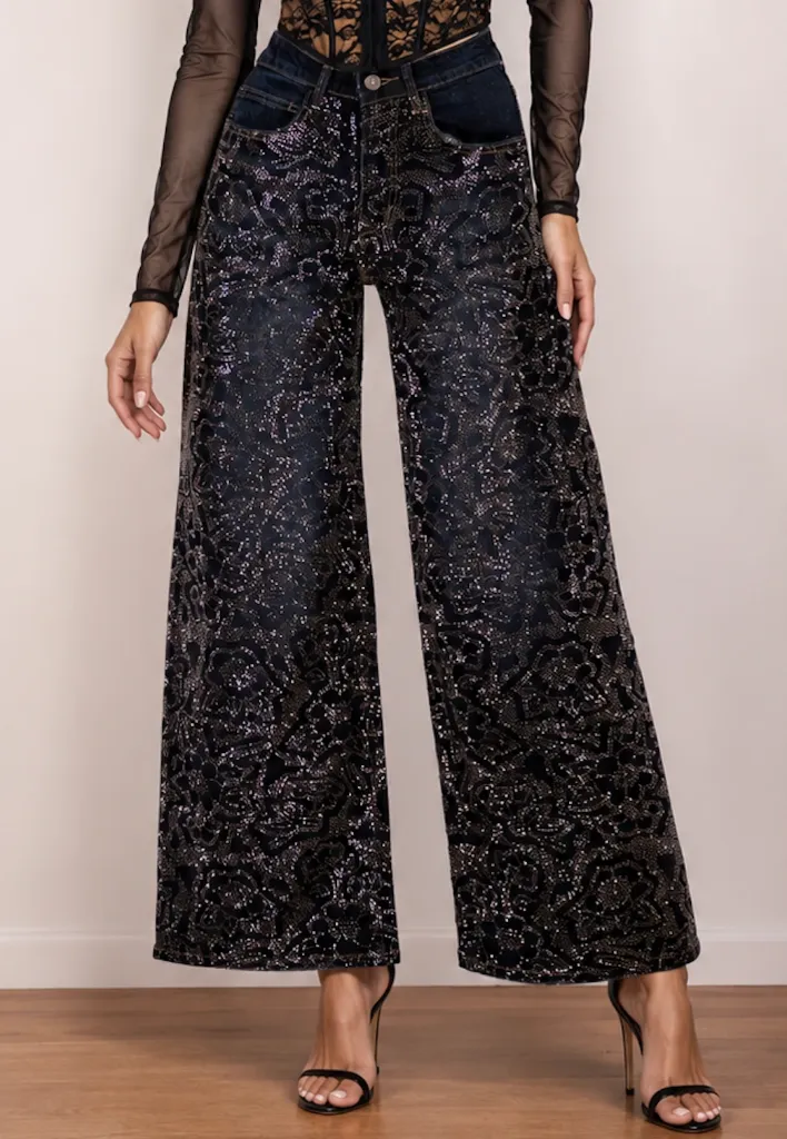 Blugi Wide-Leg Brocade Glamour