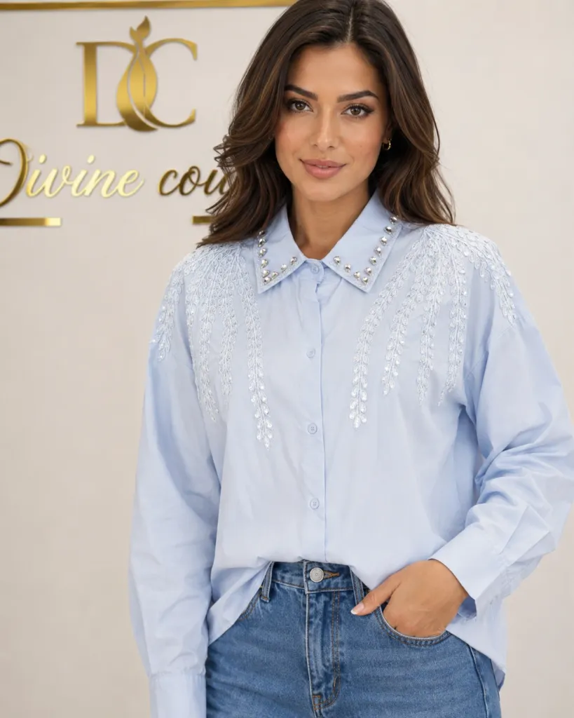 Cămașă Elegantă Albastră cu Strasuri