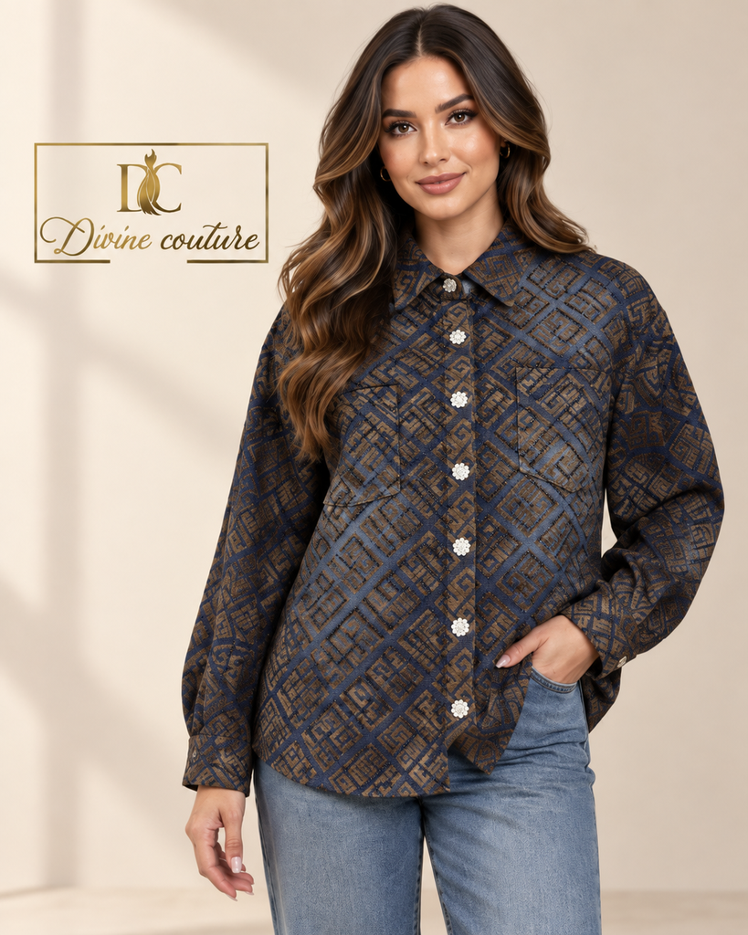 Cămașă elegantă Jacquard Blue-Brown